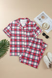 Red plaid short sleeve pajama top and pants set, flat lay