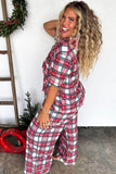 Women's plus size red plaid button down pajama top and pants, side view