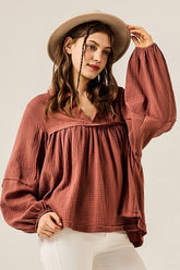 Women’s Plus V-Neck Cotton Bubble Sleeve Gauze Top | Zarnesh