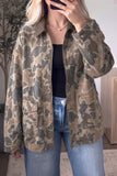 Women's retro camo corduroy collar zip jacket worn open with jeans, front view