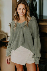 Women’s Reverse Distressed Seam V-Neck Drop Shoulder Sweater | Zarnesh