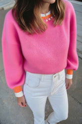 Women’s Ribbed Trim Crewneck Pearl Contrast Drop Shoulder Sweater | Zarnesh