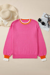 Women’s Ribbed Trim Crewneck Pearl Contrast Drop Shoulder Sweater | Zarnesh