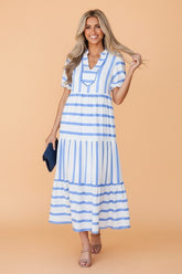 Women’s Ricrac Stripe Trim Short Sleeve Notched Neck Midi Dress | Zarnesh