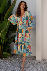 Women’s Ruffle Floral Patchwork Boho Patchwork Hem Midi Dress | Zarnesh