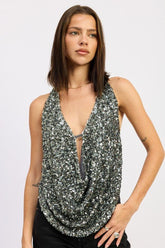 Women’s Sequin Cowl Deep V Neck Drape Halter Top | Zarnesh