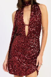 Women’s Sequin Deep V Halter Scarf Mini Dress | Zarnesh