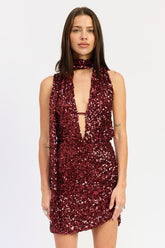 Women’s Sequin Deep V Halter Scarf Mini Dress | Zarnesh