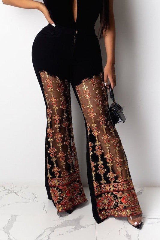 Women’s Sheer Embroidered Flare Pants Mesh Bell Bottoms | Zarnesh