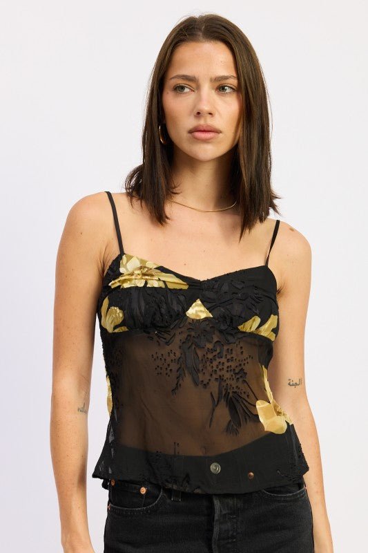 Women’s Sheer Floral Spaghetti Strap Sheer Cami Top | Zarnesh