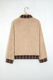 Beige sherpa fleece pullover with plaid trim on a hanger, back view