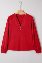 Women’s Soft Fabric Solid V-Neck Button Long Sleeve Top | Zarnesh