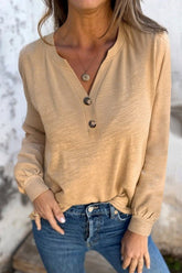 Women’s Soft Fabric Solid V-Neck Button Long Sleeve Top | Zarnesh