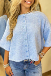 Women’s Solid Boxy 3/4 Sleeve Button Down Knit Cardigan | Zarnesh