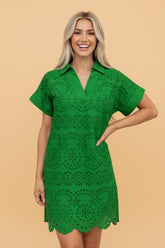 Women’s Solid Embroidered Collared Eyelet Mini Dress | Zarnesh