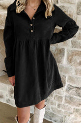 Women’s Solid Long Sleeve Corduroy Button Babydoll Mini Dress | Zarnesh