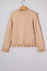 Women's Solid Ruffle Trim Crewneck Button Front Cardigan | Zarnesh