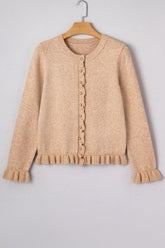 Women's Solid Ruffle Trim Crewneck Button Front Cardigan | Zarnesh