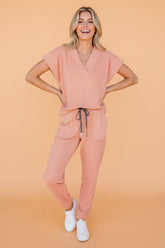 Women’s Solid V-Neck Tee & Drawstring Pants Set | Zarnesh