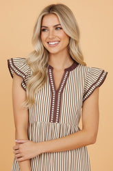 Women’s Stripe V-Neck Double Ruffled Short Sleeve Midi Dress | Zarnesh