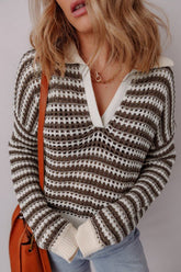 Women’s Striped Contrast Collared V-Neck Long Sleeve Sweater | Zarnesh