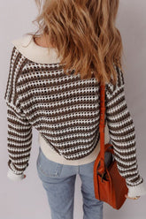 Women’s Striped Contrast Collared V-Neck Long Sleeve Sweater | Zarnesh