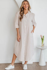 Women’s Striped Frilled Tiered Shirt 3/4 Sleeve Maxi Dress | Zarnesh
