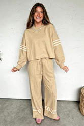 Parchment cropped top and drawstring wide leg pants set with cream stripes