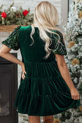 Women’s Velvet Puff Sleeve Sequin Tiered Mini Dress | Zarnesh
