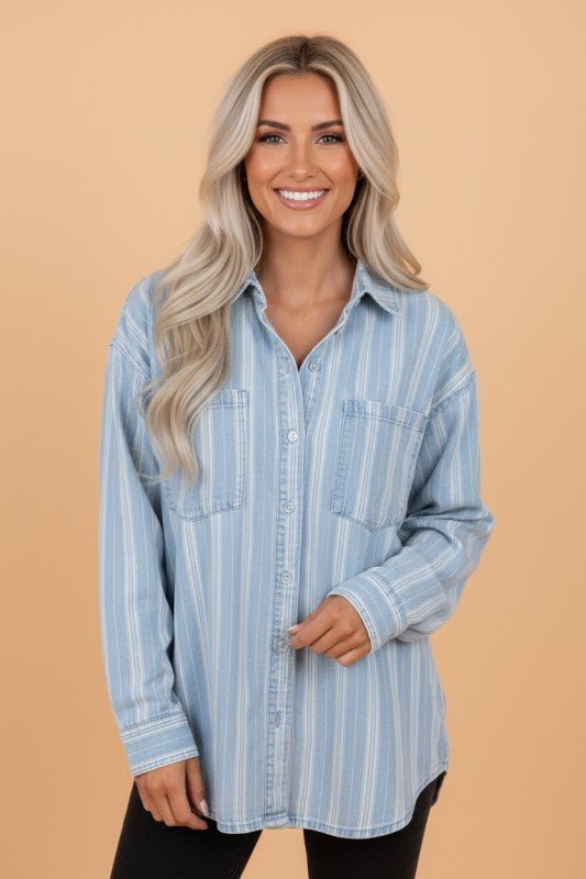 Women's Vertical Striped Denim Chest Pocket Shacket | Zarnesh