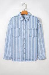 Women's Vertical Striped Denim Chest Pocket Shacket | Zarnesh