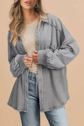 Women’s Waffle Knit Patchwork Button-Up Reverse Seam Shacket | Zarnesh