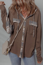 Women’s Waffle Patchwork Plaid Button-Up Hooded Shacket | Zarnesh