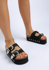Women’s Zaphod Double Buckle Faux Leather Flatform Slip Ons | Zarnesh