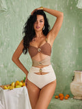 Women One Piece Color Block Cutout Design Swimsuit Zarnesh
