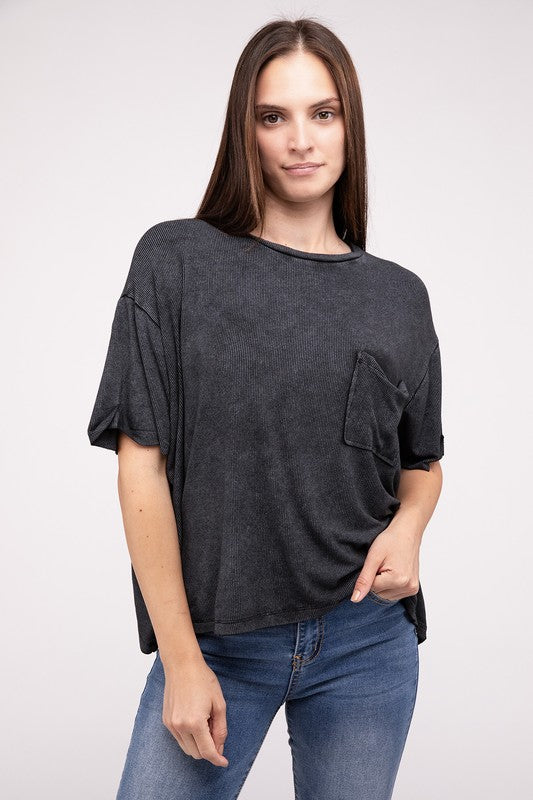 Women Washed Ribbed Cuffed Short Sleeve Round Neck Top | Zarnesh