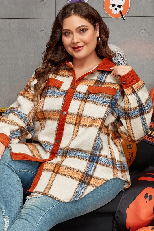 Women Plus Size Plaid Collared Buttoned Jacket | Zarnesh