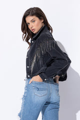 Women Crop Denim Jacket With Rhinestone Fringe | Zarnesh