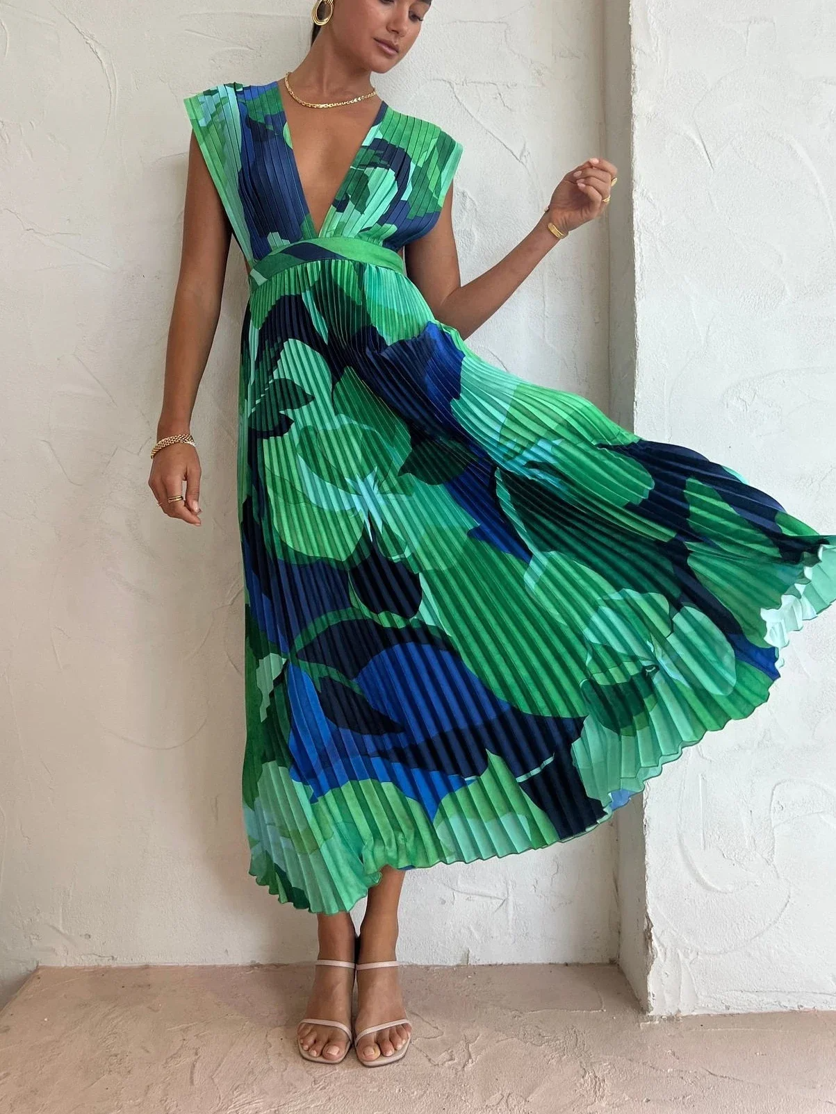 Women Long Spring Summer Print Deep V Neck Maxi Dress Zarnesh