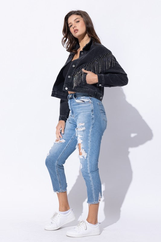 Women Crop Denim Jacket With Rhinestone Fringe | Zarnesh