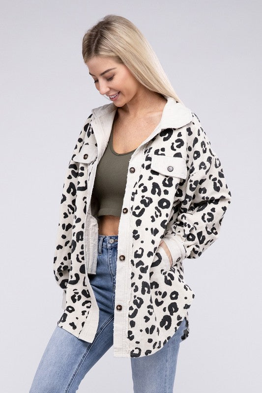 Women Vintage Washed Leopard Corduroy Buttoned Jacket | Zarnesh