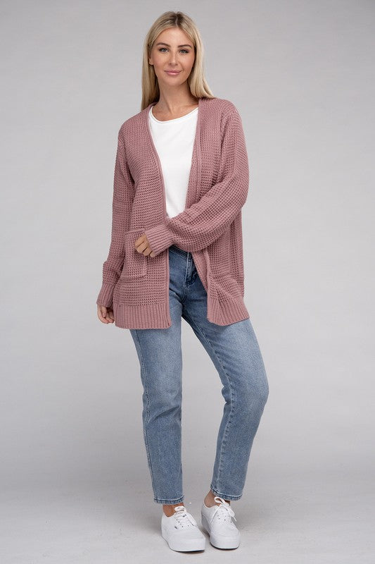 Women Low Gauge Waffle Open Cardigan Sweater | Zarnesh