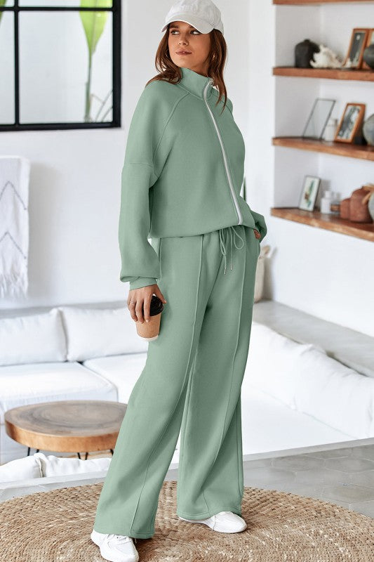 Women’s Solid Drawstring Wide Leg Pants Set Zip Up Jacket | Zarnesh