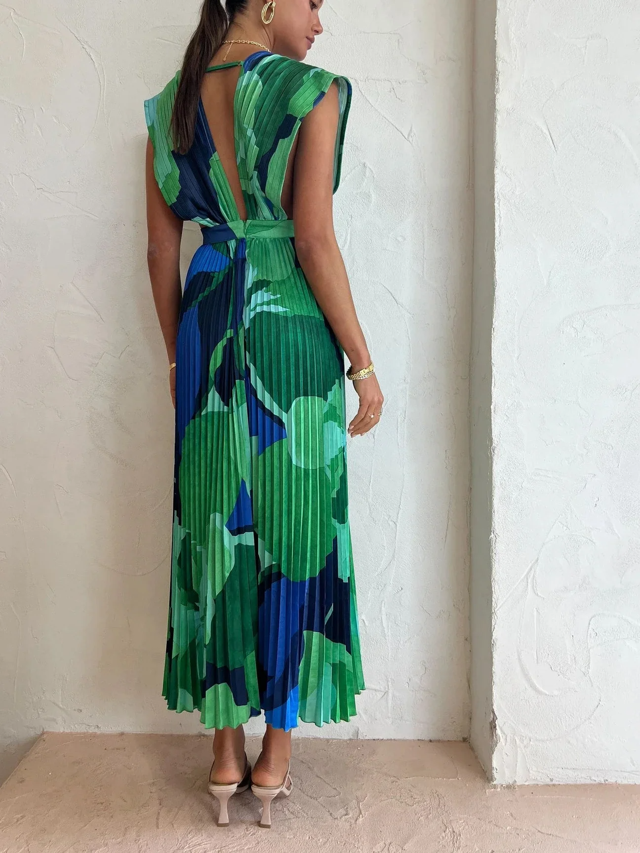Women Long Spring Summer Print Deep V Neck Maxi Dress Zarnesh