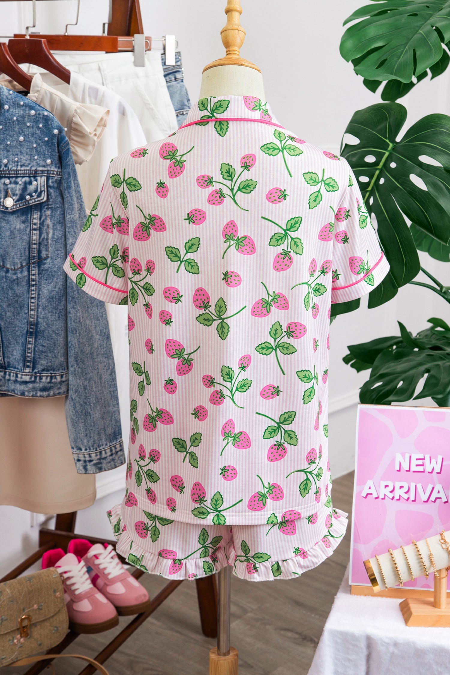 Pink Striped Strawberry Print Lapel Shirt Drawstring Shorts 2pcs Pajama Set