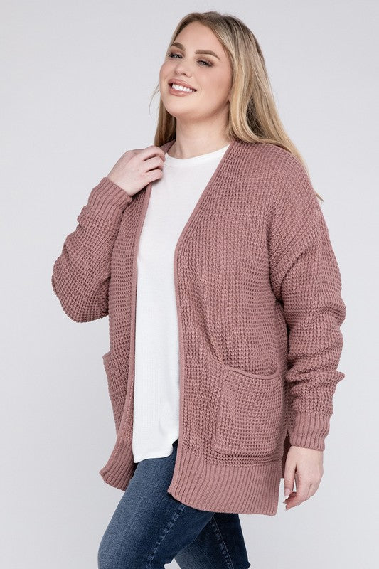 Women Plus Low Gauge Waffle Open Cardigan Sweater | Zarnesh