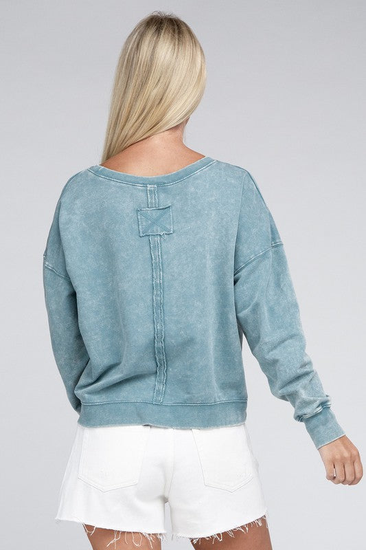  Women's  French Terry Acid Wash Boat Neck Pullover | Zarnesh