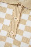 Women Knitted Checkered Buttons V Neck Drop Shoulder Sweater Zarnesh