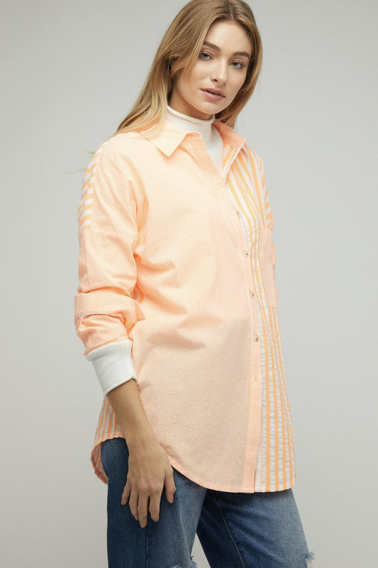 Women Stripe Button Down Long Sleeve Shirt | Zarnesh