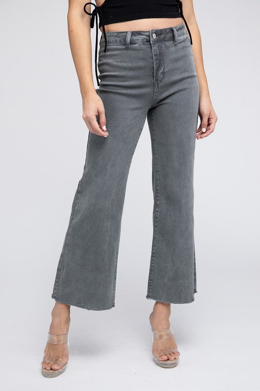 WOMEN'S Acid Wash Frayed Cutoff Hem Straight Wide Pants | ZARNESH